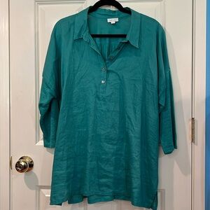J Jill love linen tunic collar long sleeve 5 button turquoise blue green